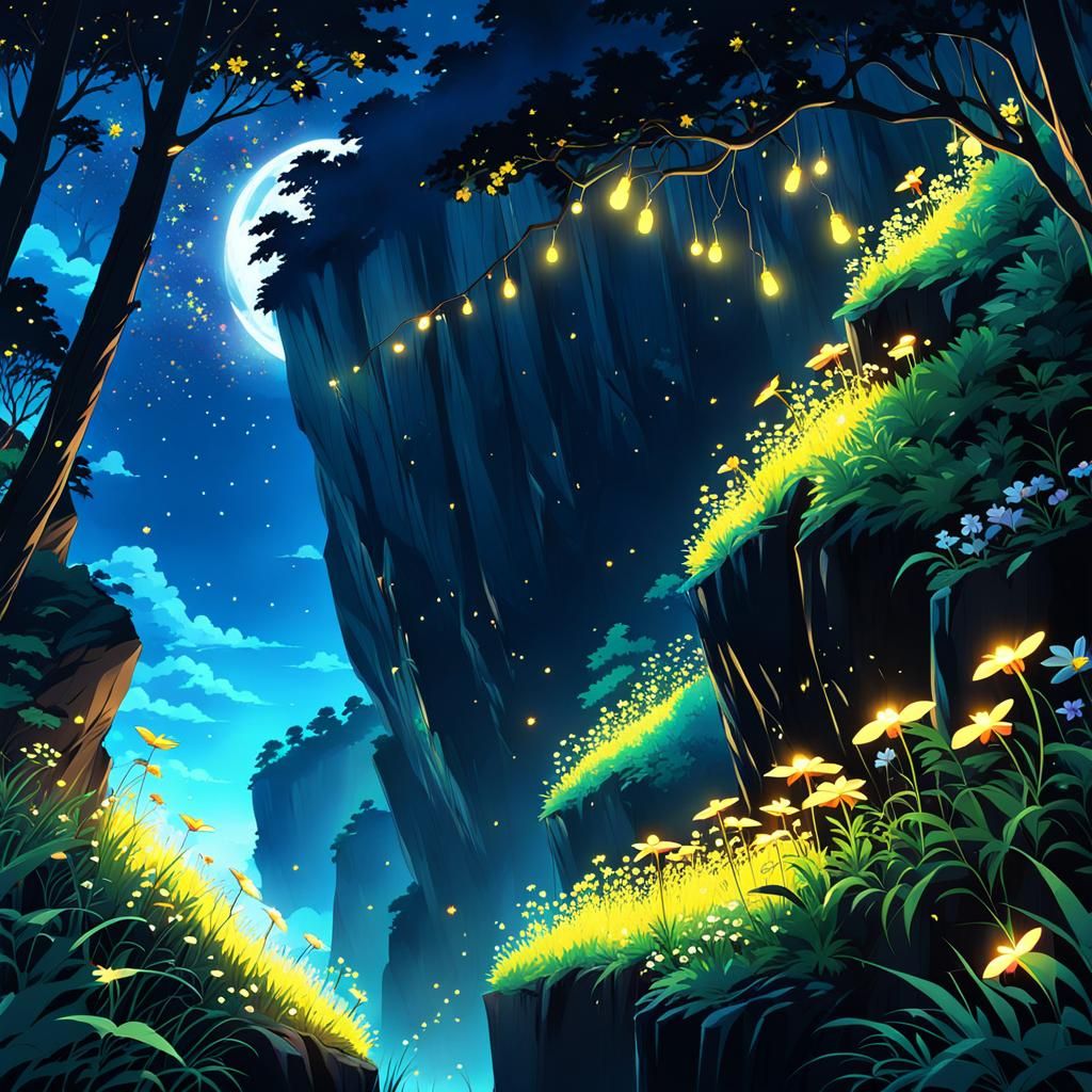 Lush Forest Scene with Fireflies in Anime Style