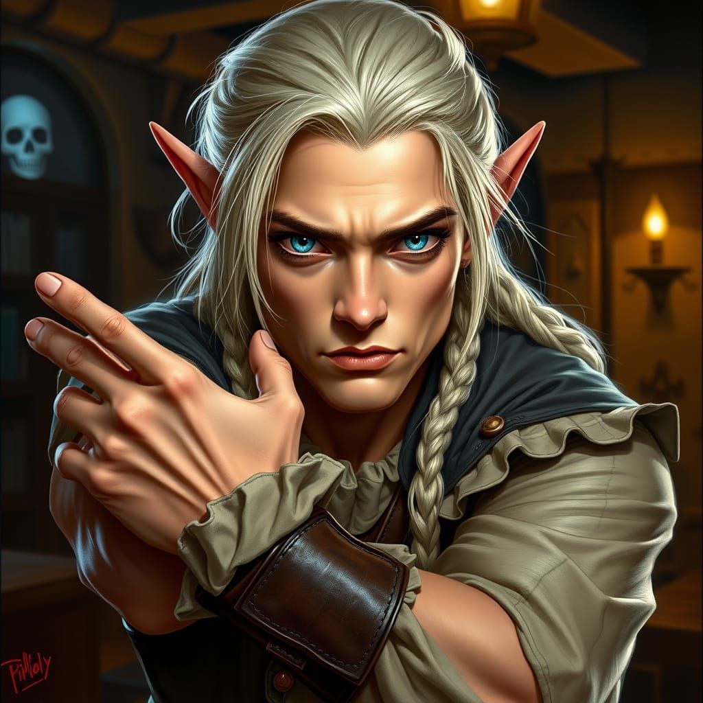  Handsome Elf Bard with silver blonde hair and aqua blue eye...