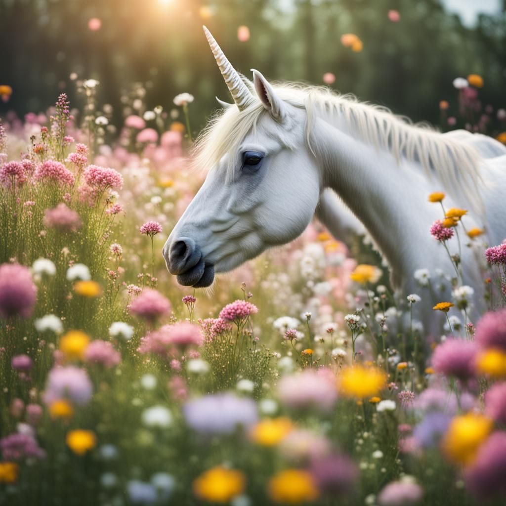 Ethereal Unicorn Amidst Vibrant Floral Bloom
