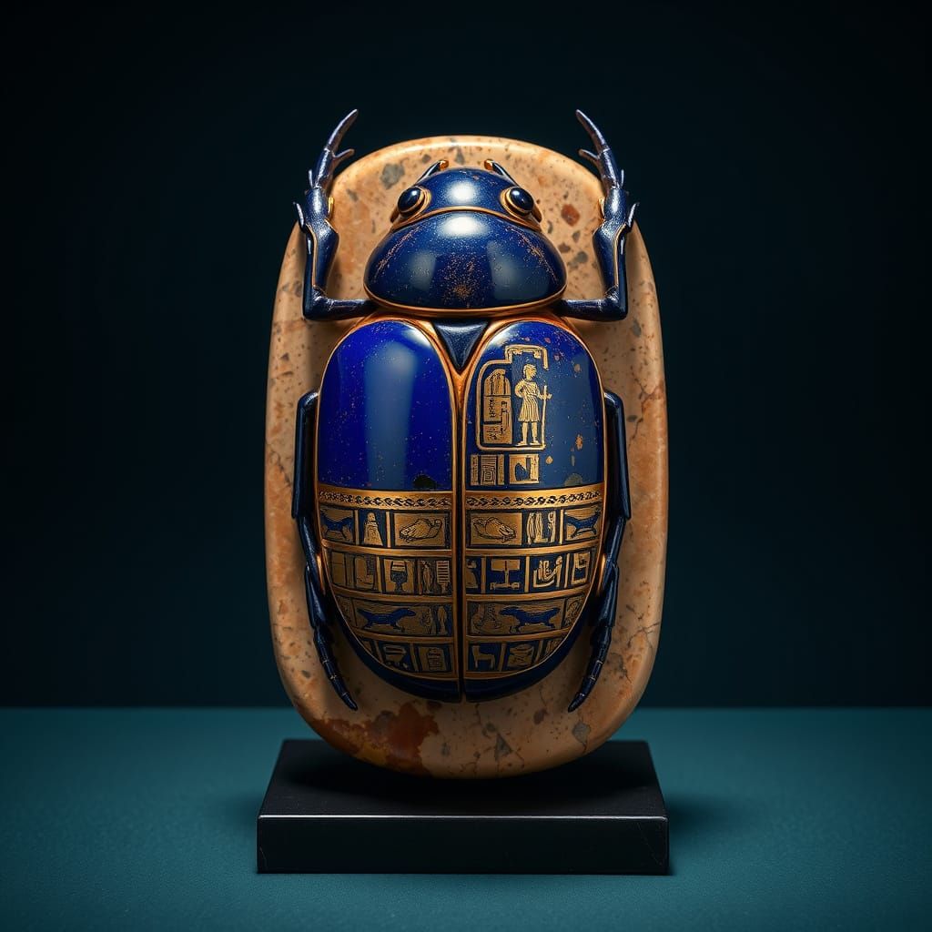 Clean, professional product shot of a scarab, crafted as an ancient Egyptian artifact. The body is made of polished lapi...