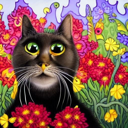 Monster Cat in Flower Field: Fantasy Art