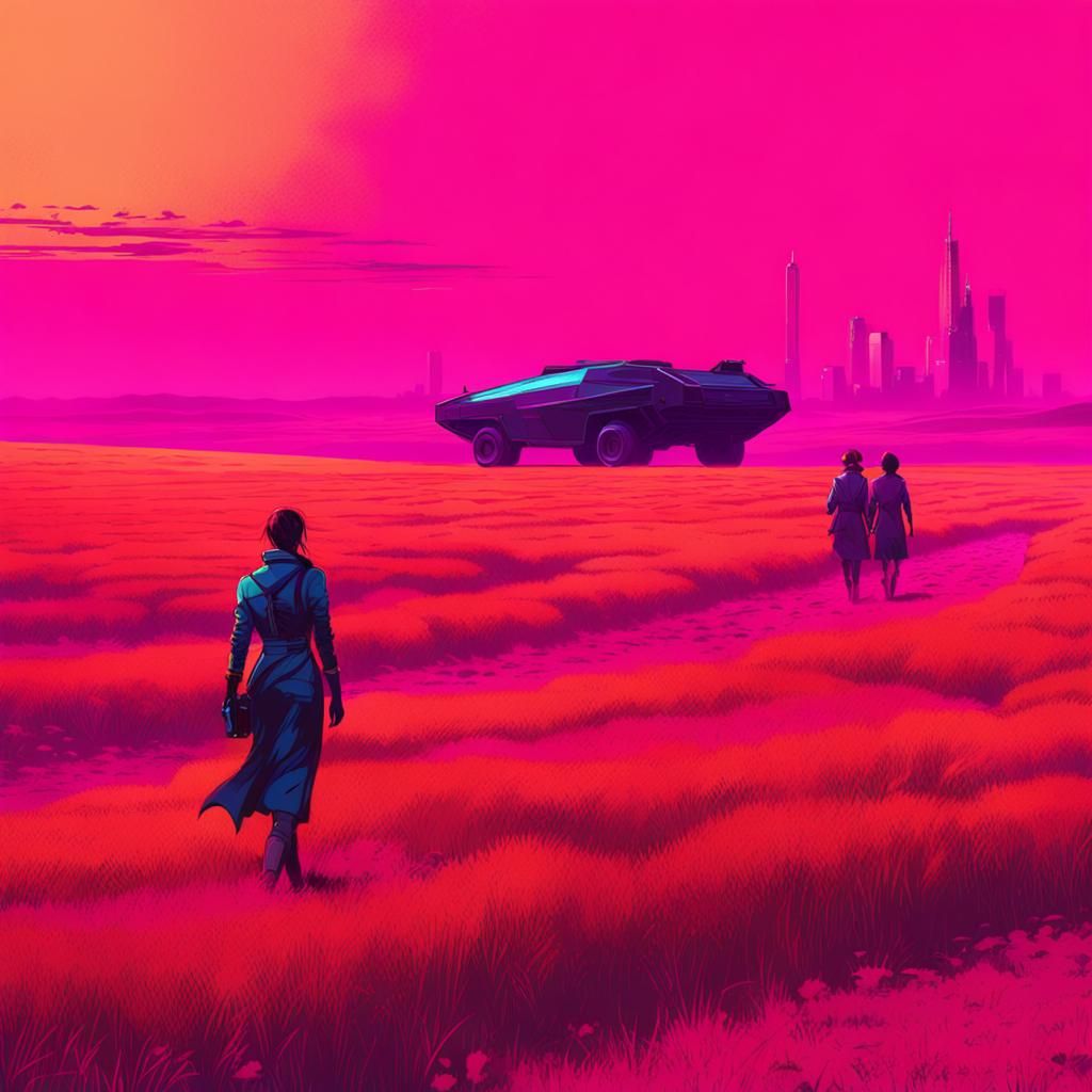 Women Walking in Fields: Cyberpunk 2099 Neon