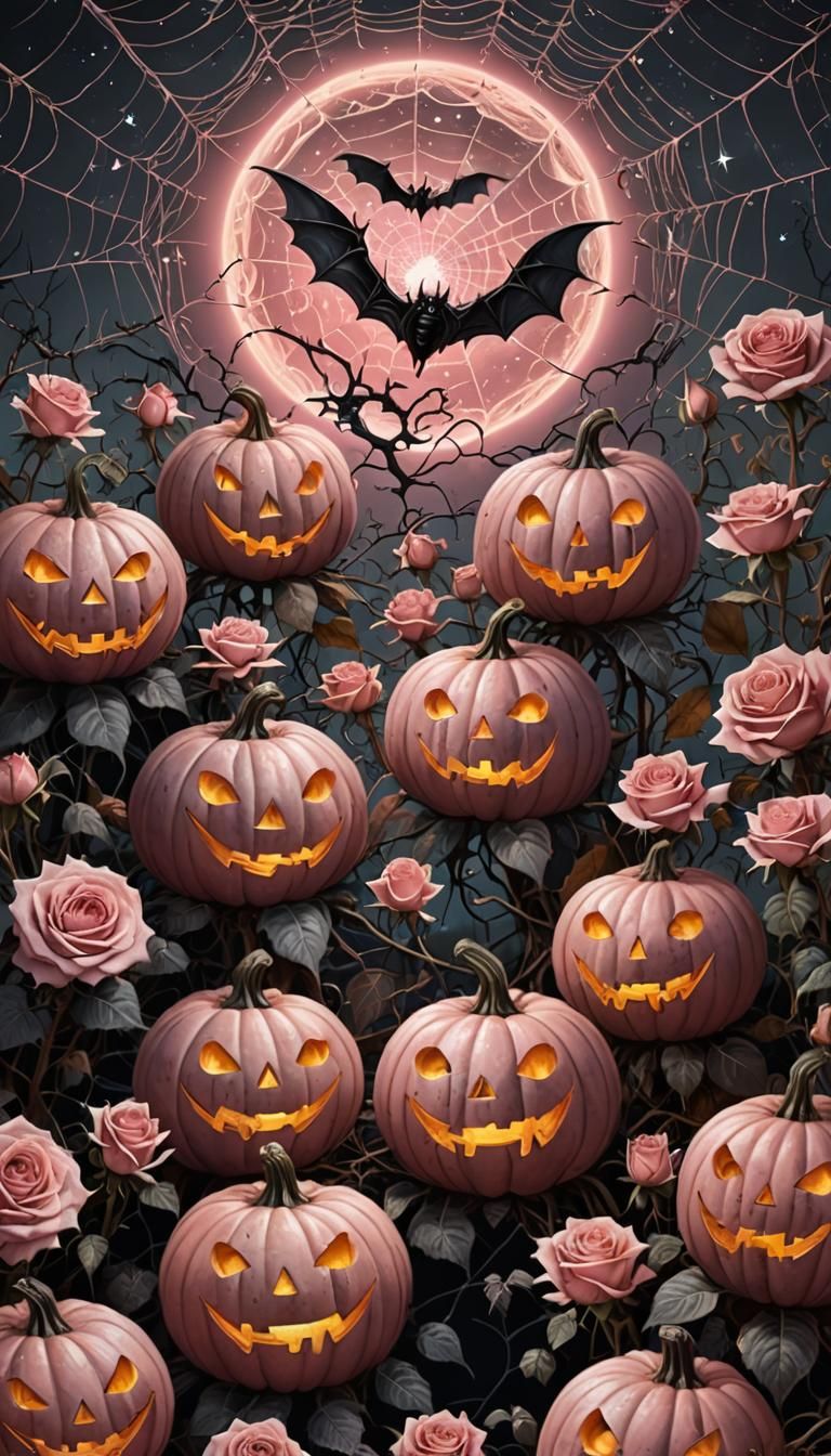 Halloween Pumpkins with Roses, Holographic Cosmic Illustrati...