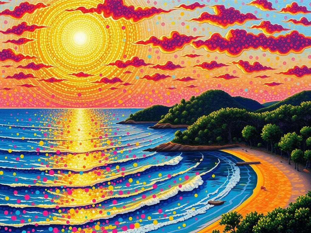 Sunset Beach Bay in Pointillism Style