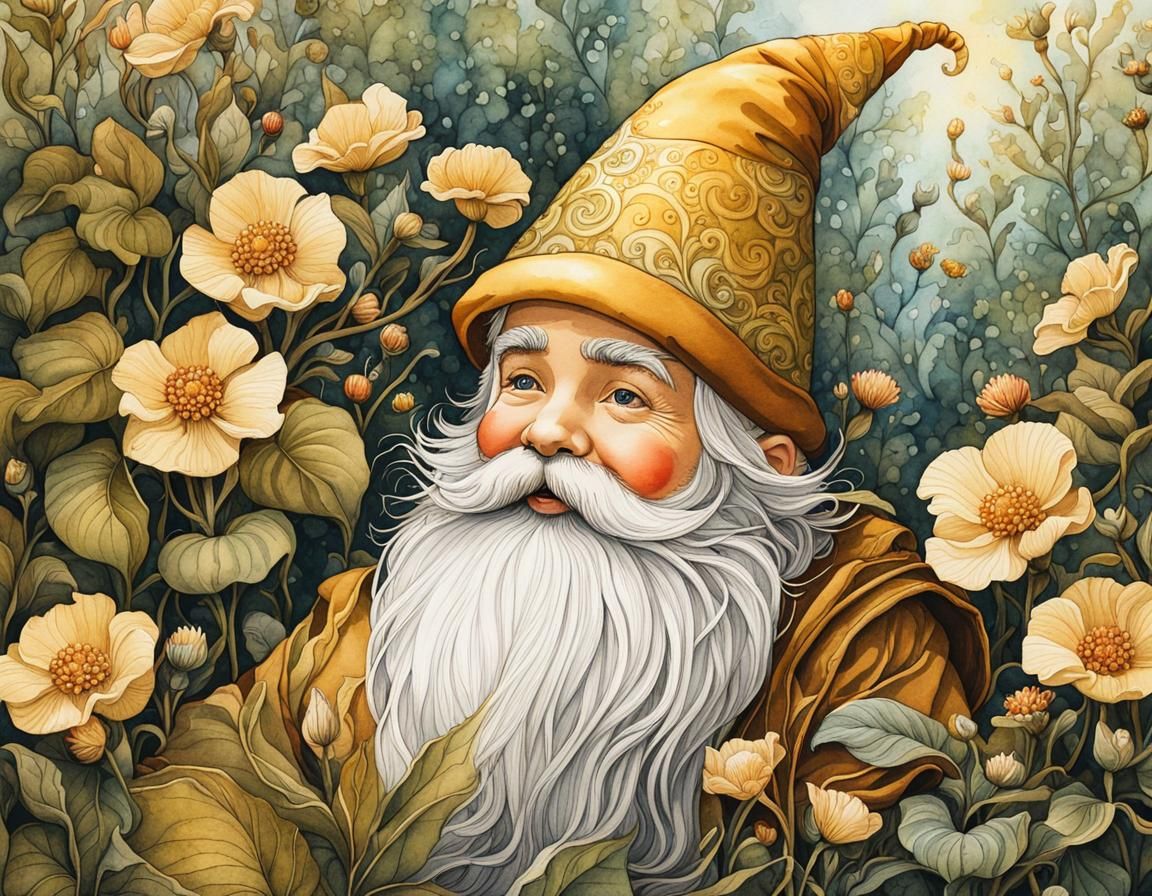 Mystical Garden Gnome Portrait in Watercolour and Ink