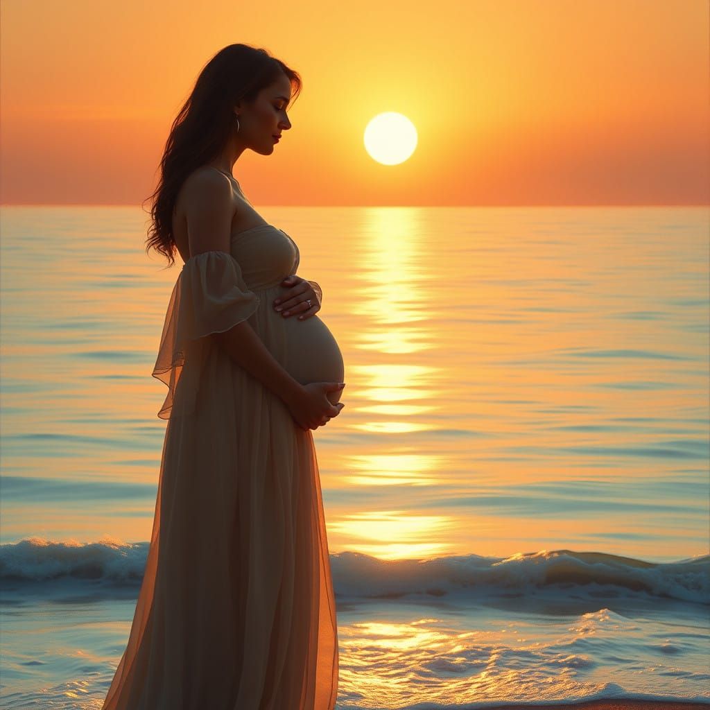 Serene Maternal Figure at Dawn's Edge