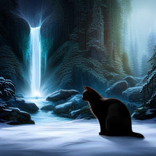 Black Cat with Blue Eyes in Winter Forest