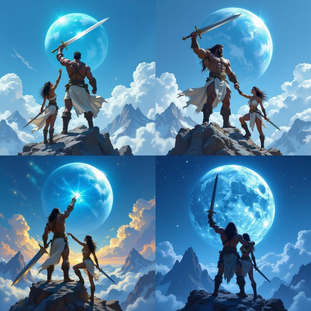 Muscular Warrior and Woman Plead to Blue Planet