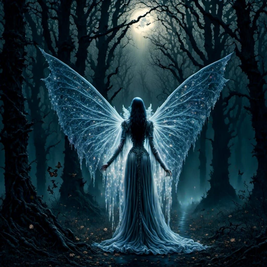 Lonely Goth Fairy in Moonlit Woods