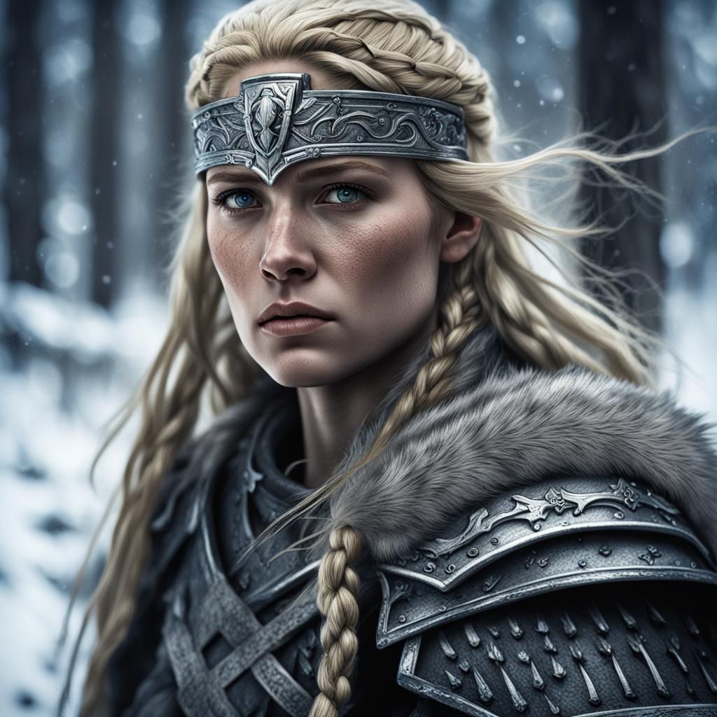 Hyperrealistic Norse Valkyrie Shieldmaiden in Snowy Woods