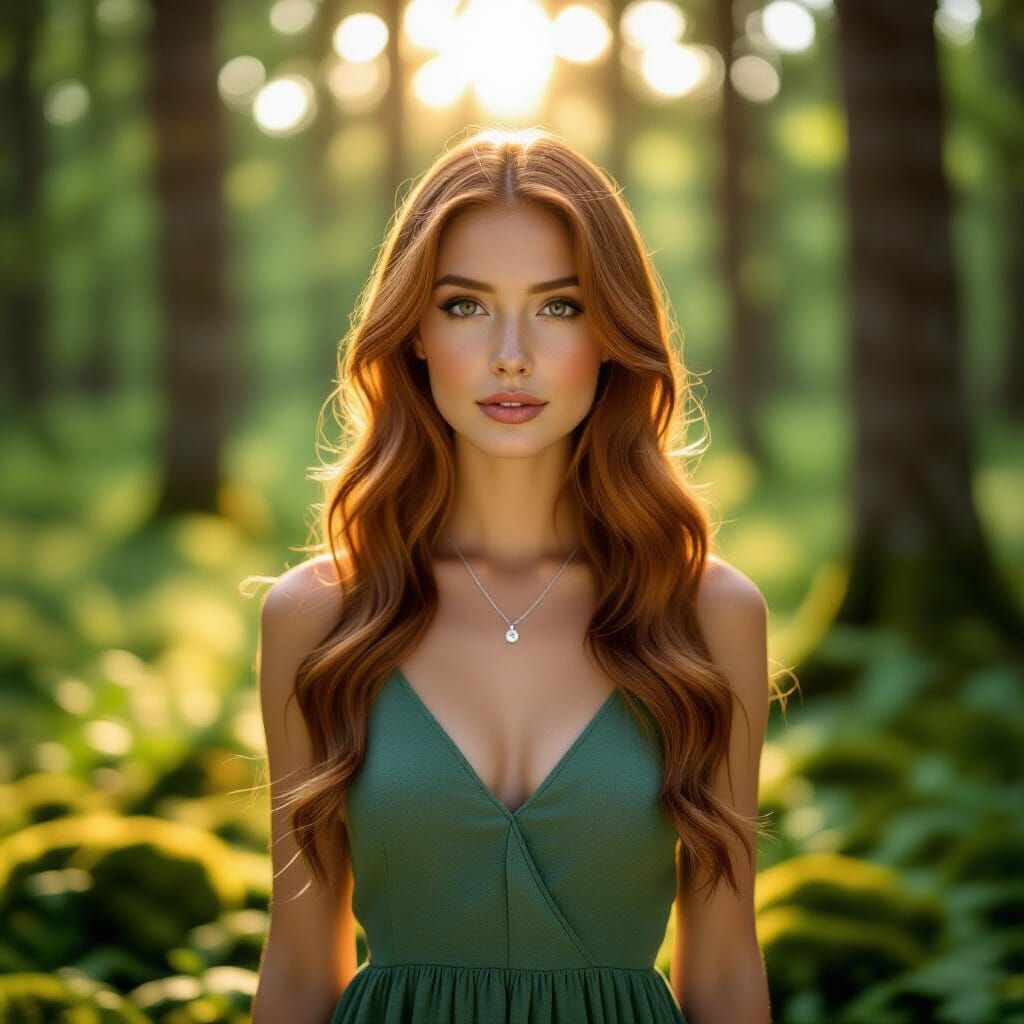 Photorealistic Woman in Sun-Dappled Forest Clearing