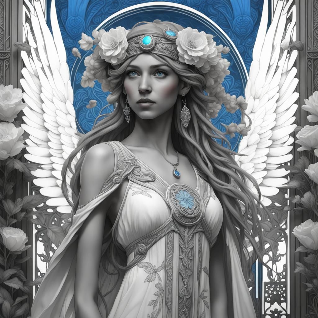 Athena in Grayscale Art Nouveau Style