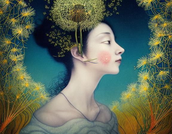 Woman and Dandelion Seeds in Fairytale Wind