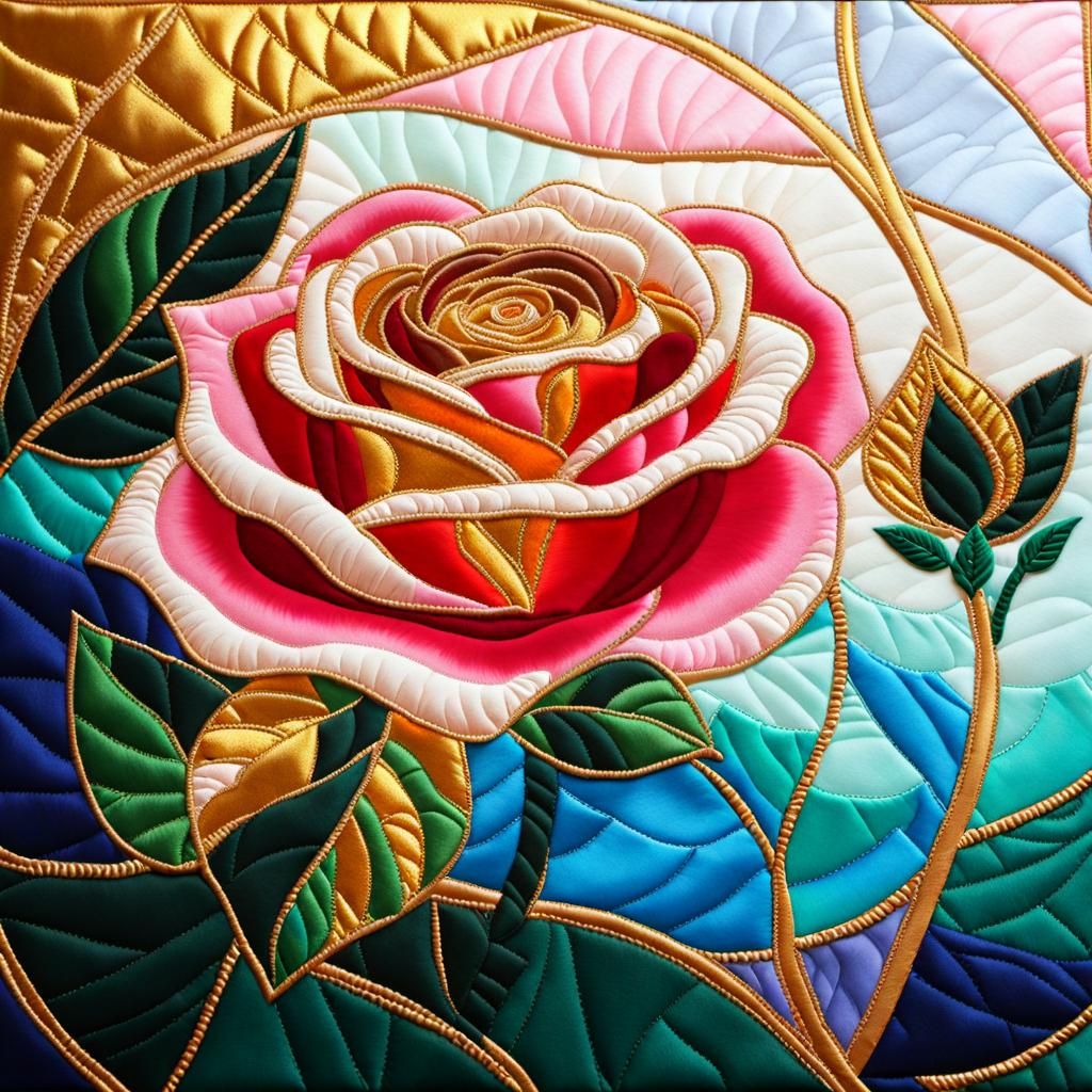 Rose Surrounded by Leaves in Quilted Fabric Art