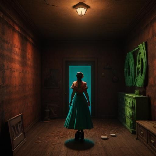 Girl Enters Spooky Home: Pixar-Style 3D Digital Art