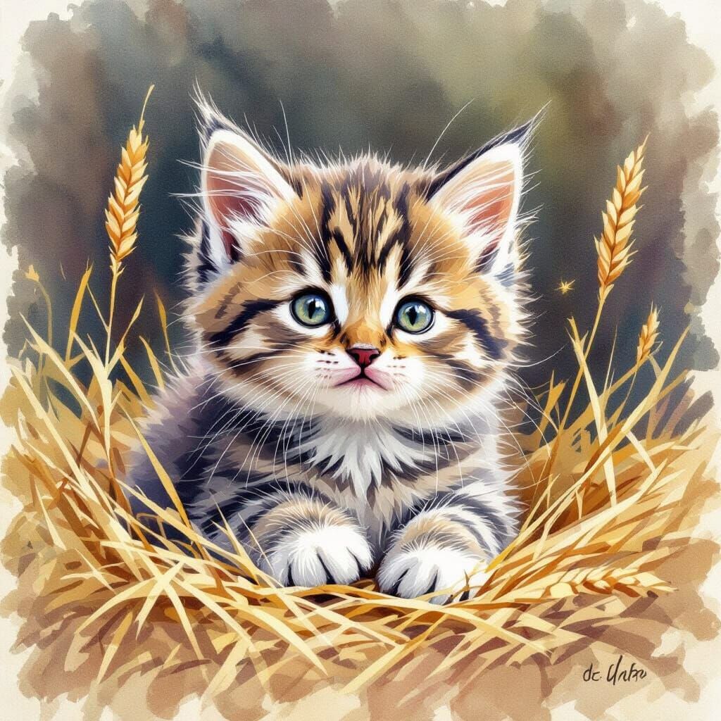 Kitten Playing in Straw in Watercolor Style