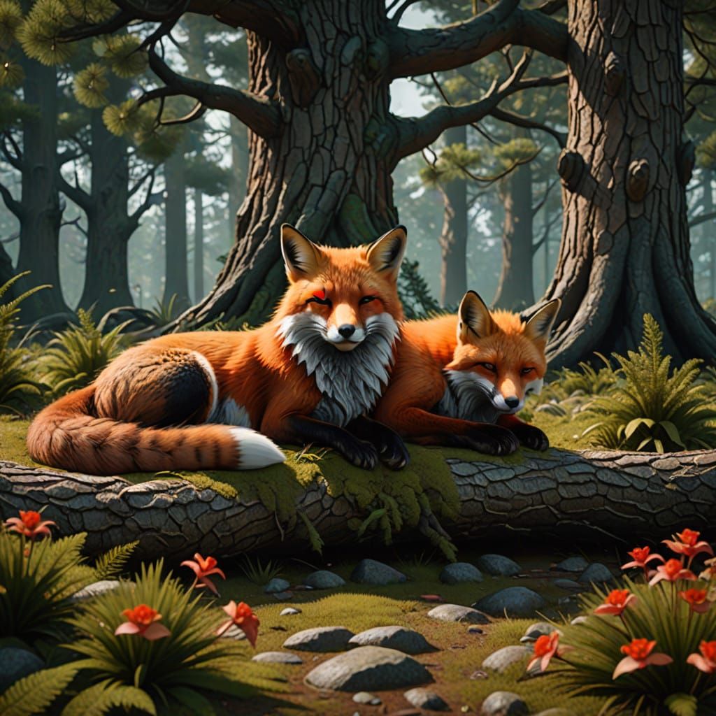 Fantastical Foxes Amidst Pine and Vibrant Lady Slippers in D...