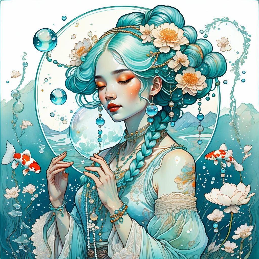 Mystical Woman with Koi Fish Hair, Art Nouveau