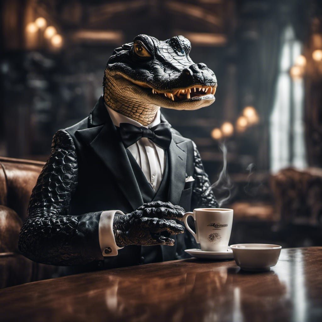 Alligator in Tuxedo Drinking Coffee: Hyperrealistic Image