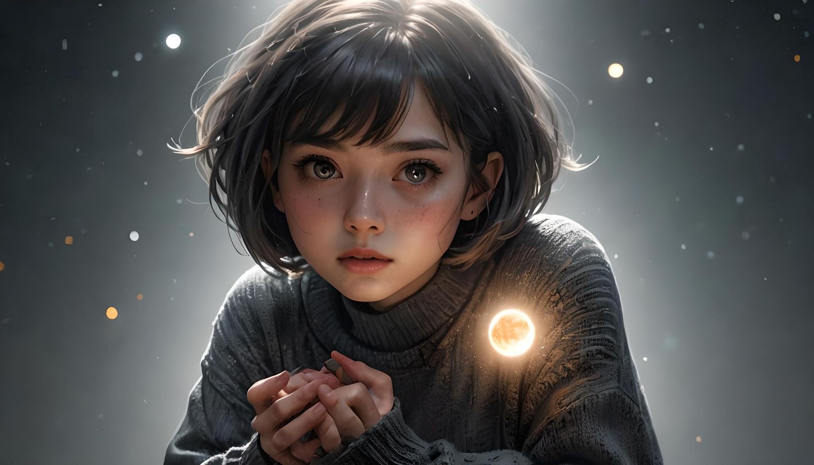 Moonlit Girl and Glowing Orb, Fantasy Art