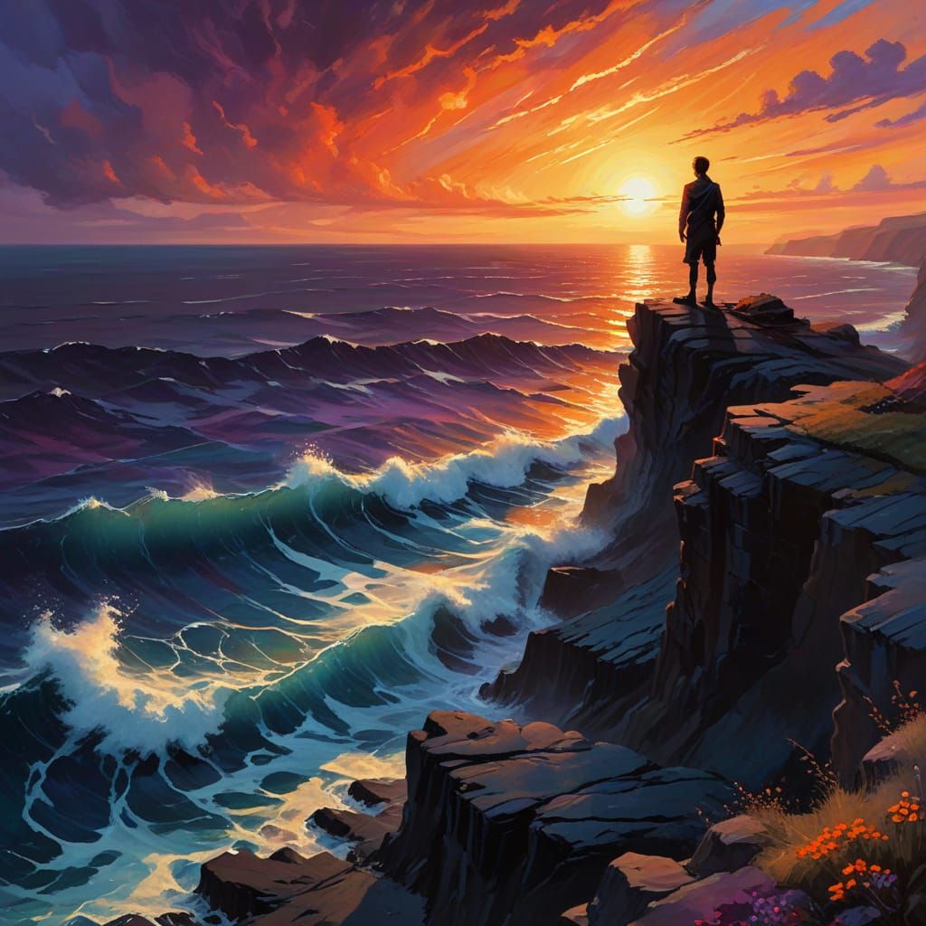 A single figure, silhouetted against a vibrant sunset, stand...