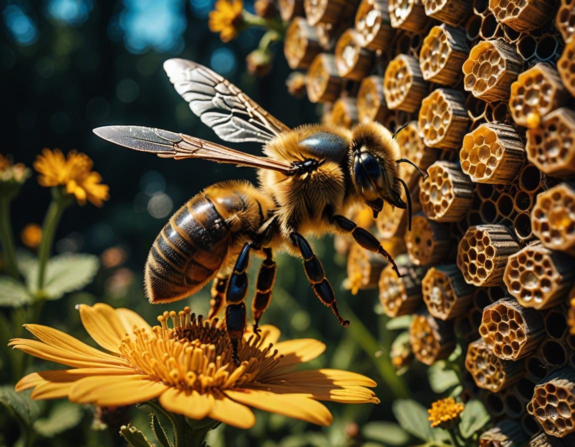 Glimpses of Gold: The Radiant Flight of a Bee Collecting Nec...