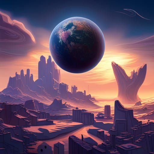 Surreal Flat Planet with Cats, Dragons and Moons