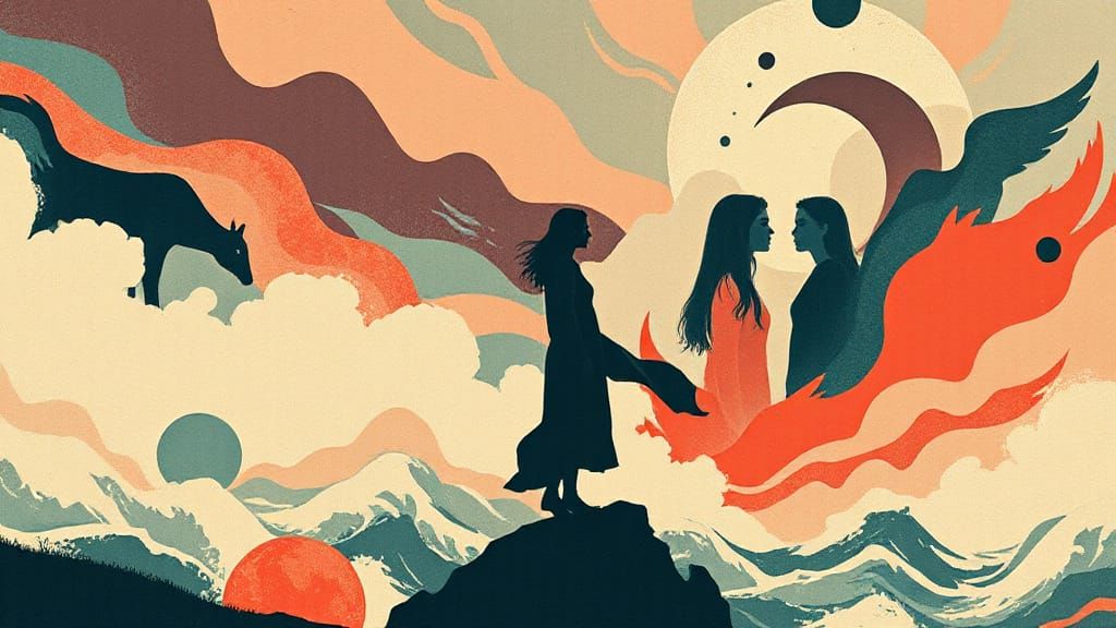 Woman on Precipice Overlooking Abstract Sea in Retro Graphic...