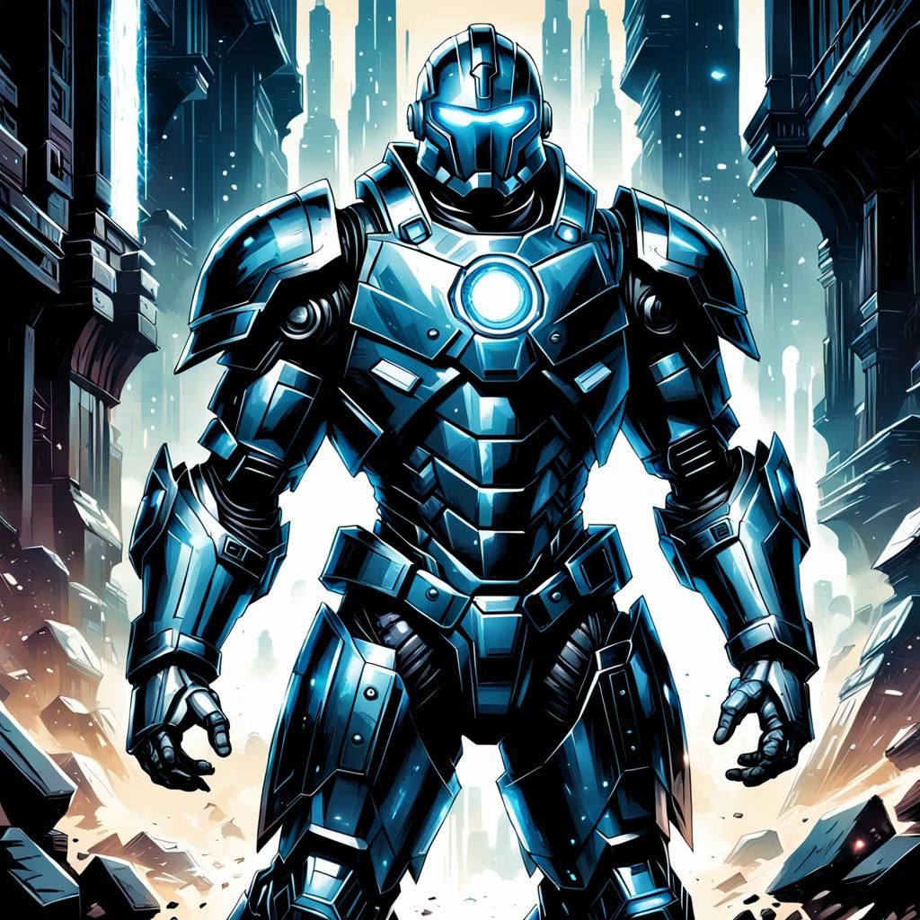 Gem-Powered Technological Armor in Comic Book Style