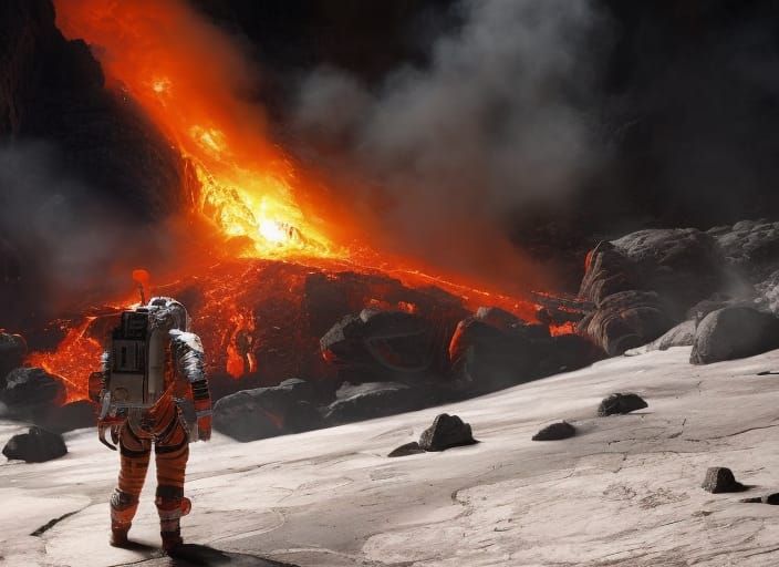 Astronaut on Lava Lake in Volcanic Caldera