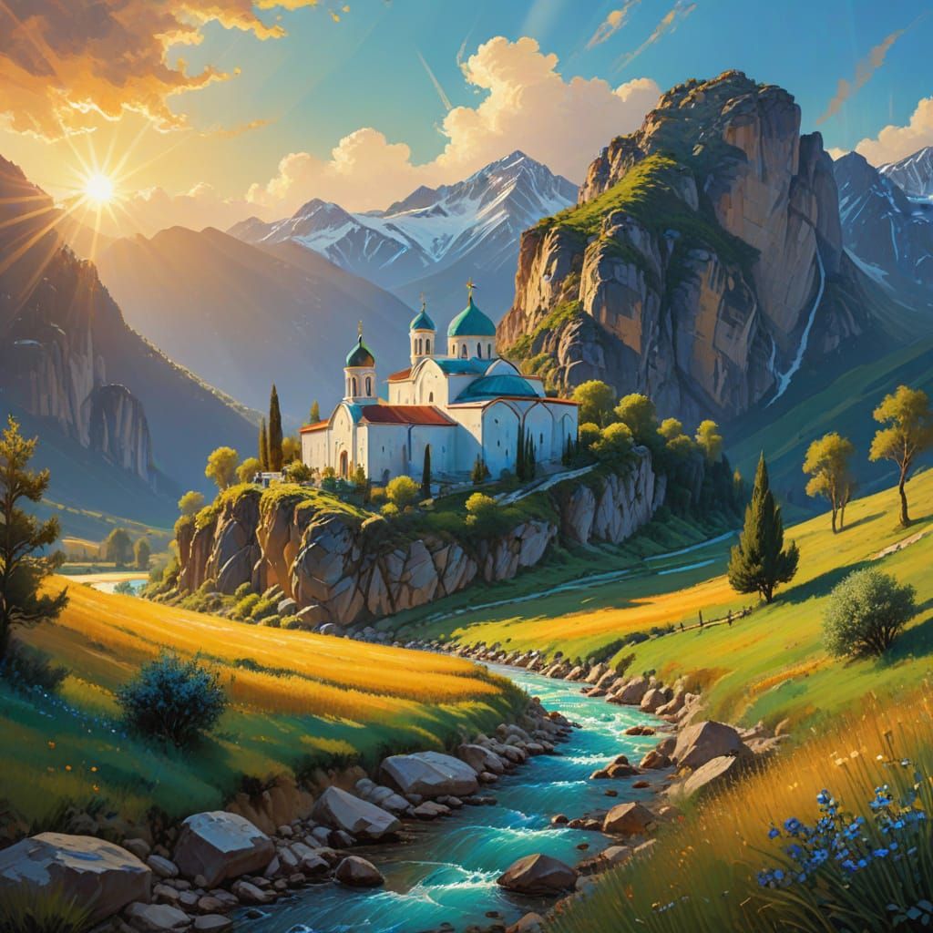 Roussanou Monastery in Sunlit Greek Valley Oil Painting