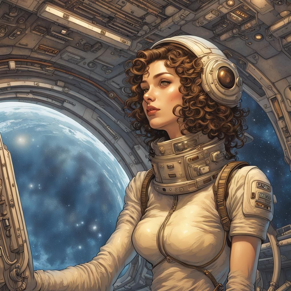 Girl on Spaceship in Manara Art Style