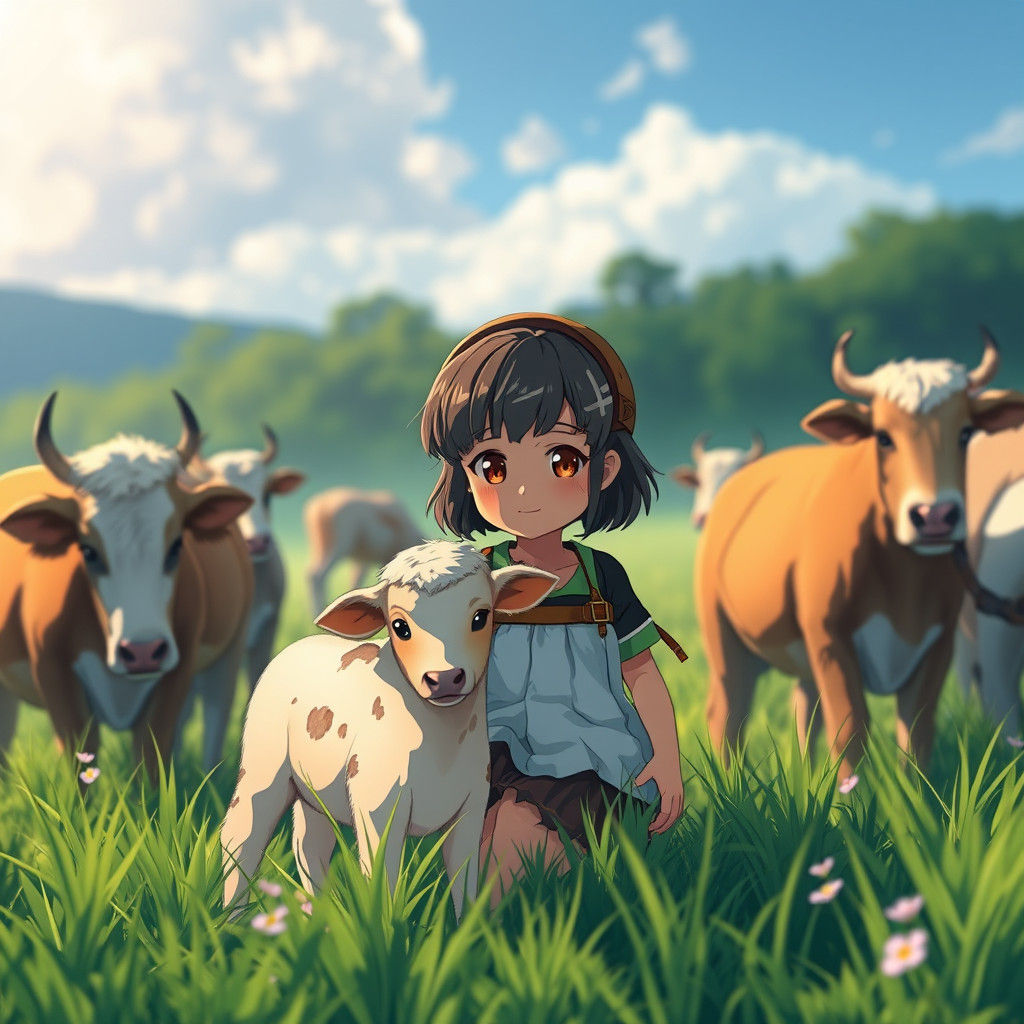 Anime Shepherdess Herding Calf in Ghibli Style