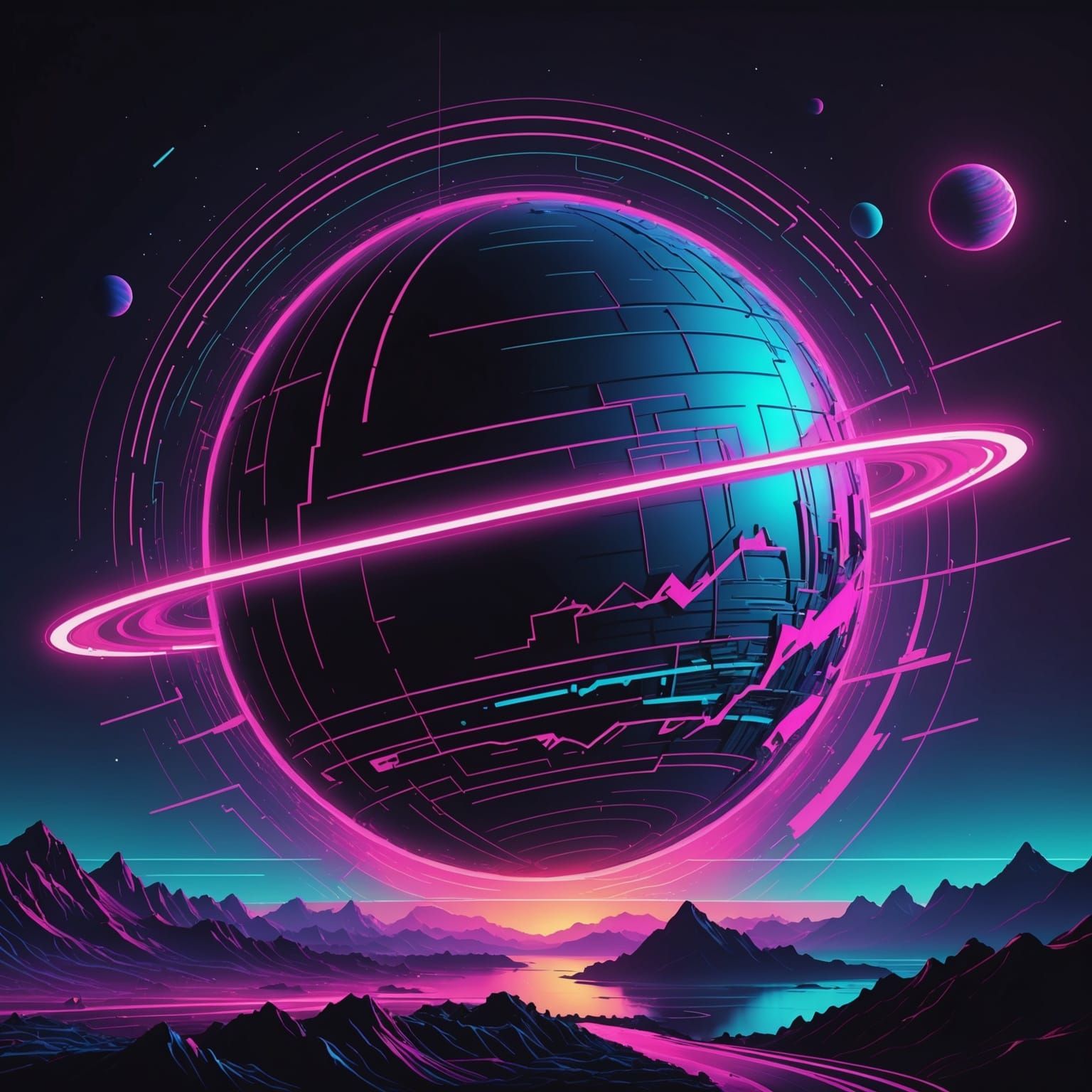 Neon Planet with Glitch Effect in Synthwave Style