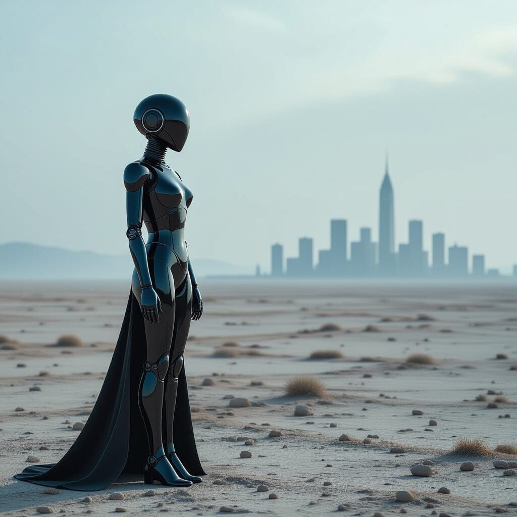 Elegant Automaton Gazes at Minimalist Cityscape on Windswept...