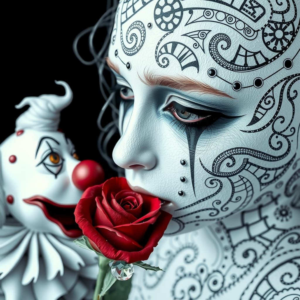 Pale Girl Weeping Kisses Rose: Pixiv-Inspired Portrait