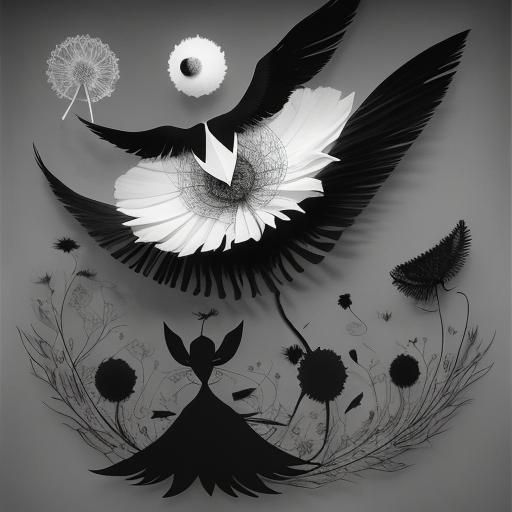 Floral Black Bird in Dandelion Dreamscape