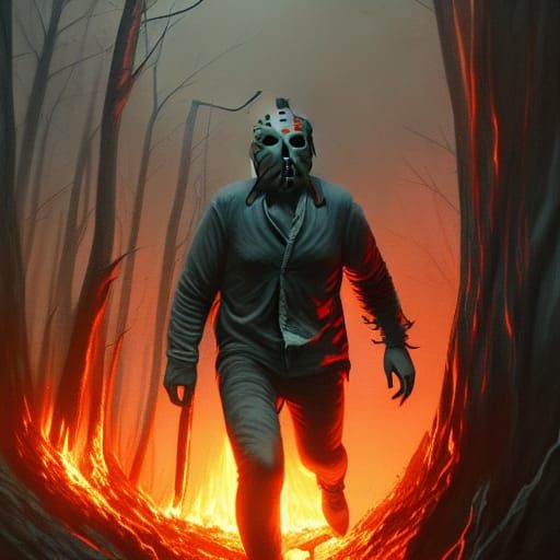 Horror Scene: Man Fleeing Villain in Fire