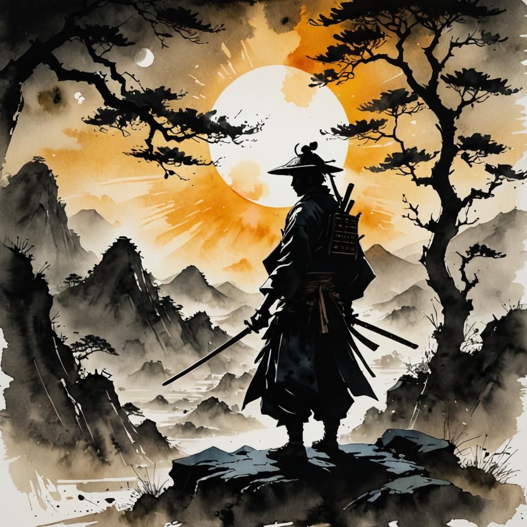 Meditating Samurai Silhouette in Watercolor Valley