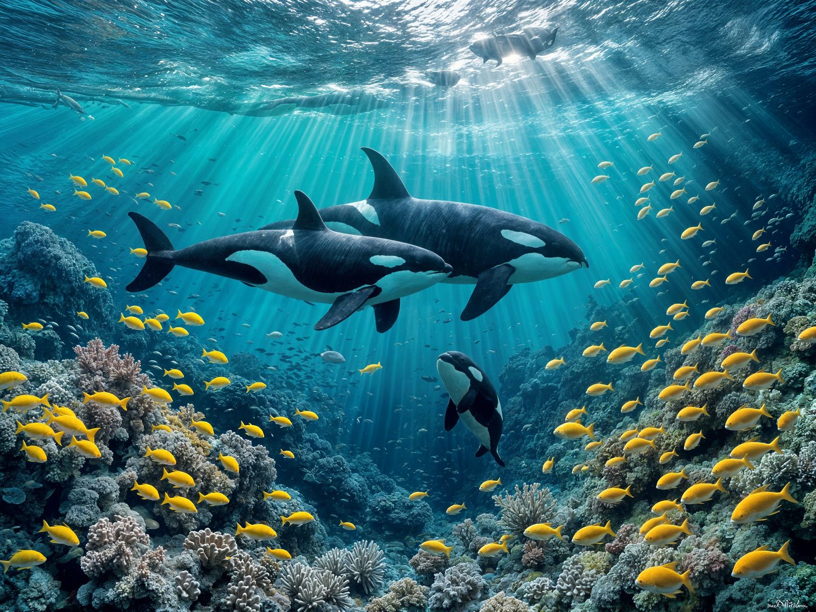 Elegant Orcas in Azure Underwater Scene