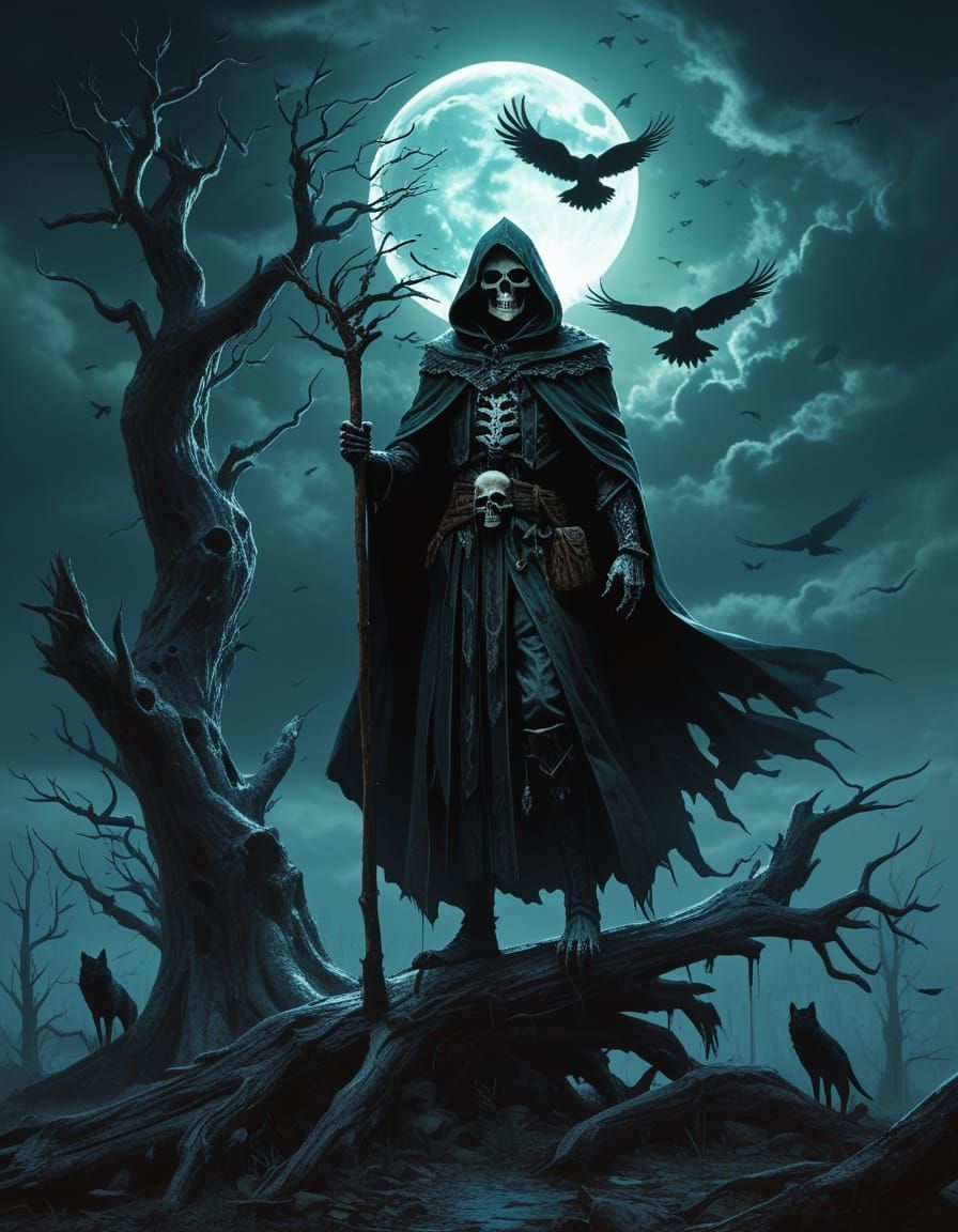 Dark Fantasy Art of Cloaked Man and Wolves Under Moon