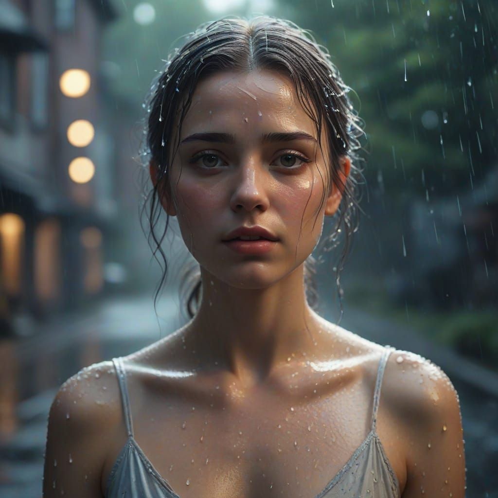 Dreamy Portrait of a Young Woman in the Rain