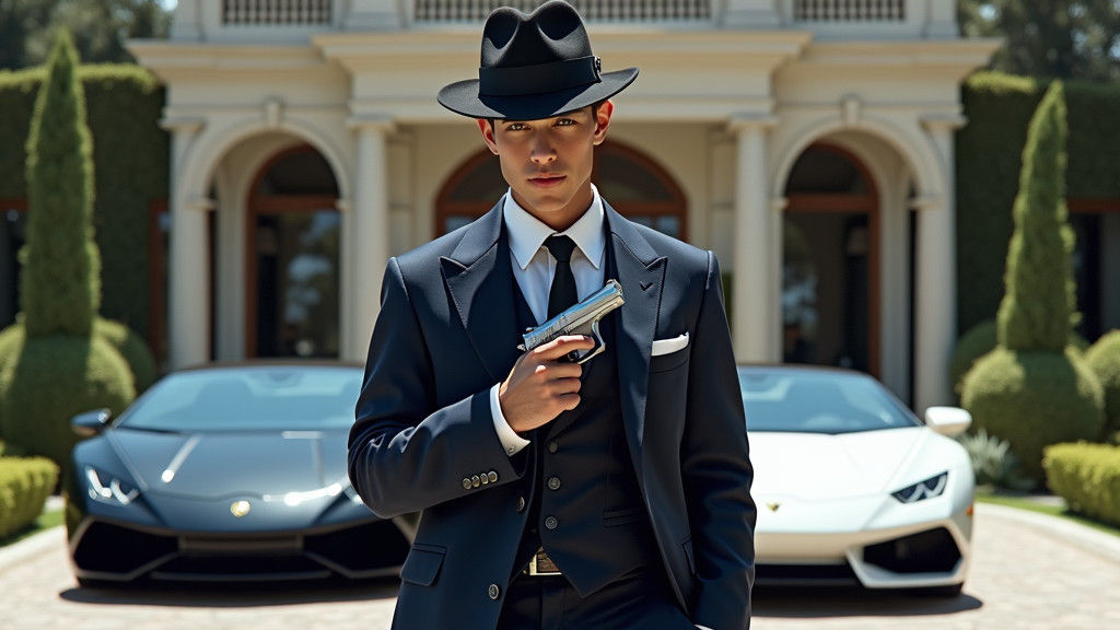 Confident Mafia Boss with Luxury Cars, Photorealistic Style