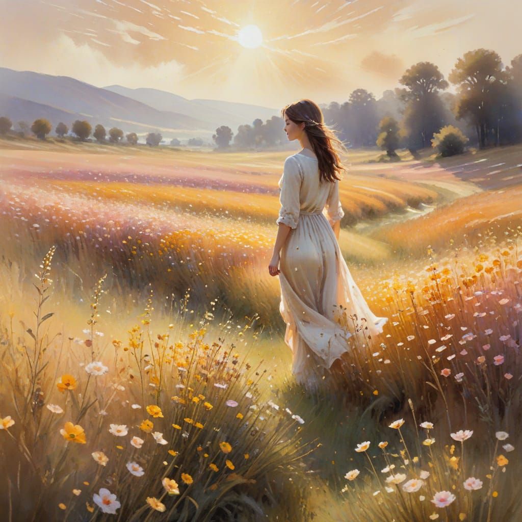 Impressionist Landscape with Figure in Golden Flower Field