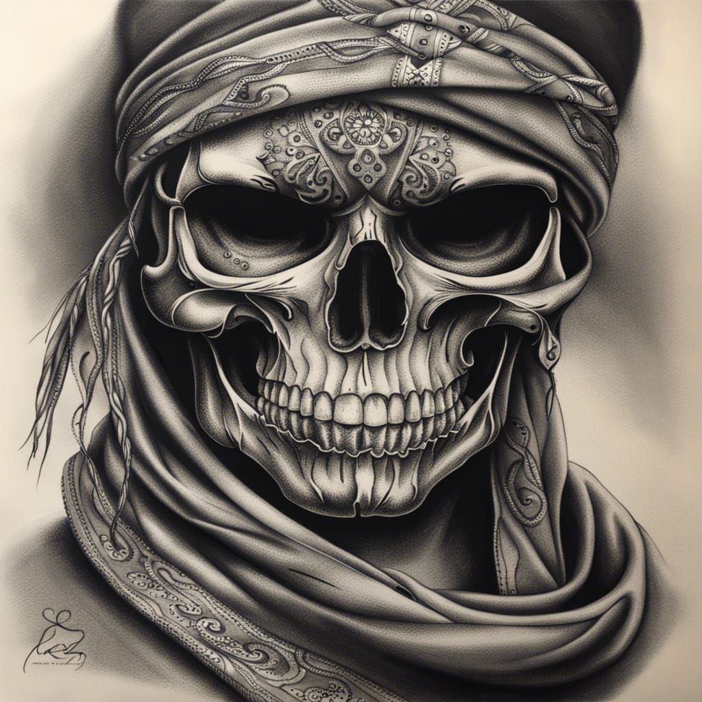 Hyperdetailed Charcoal Drawing of Skull Tattoo