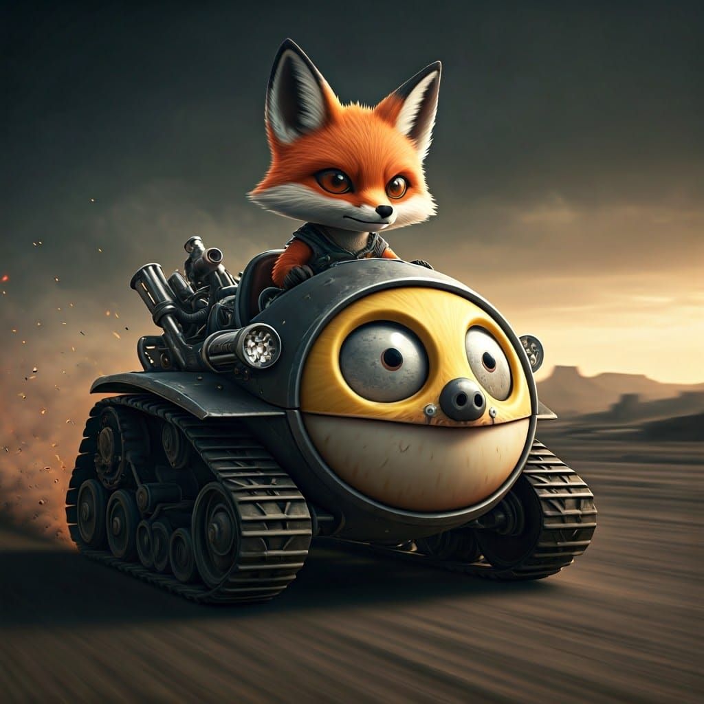 Chibi Fox Races Beetle Tank in Mad Max Style