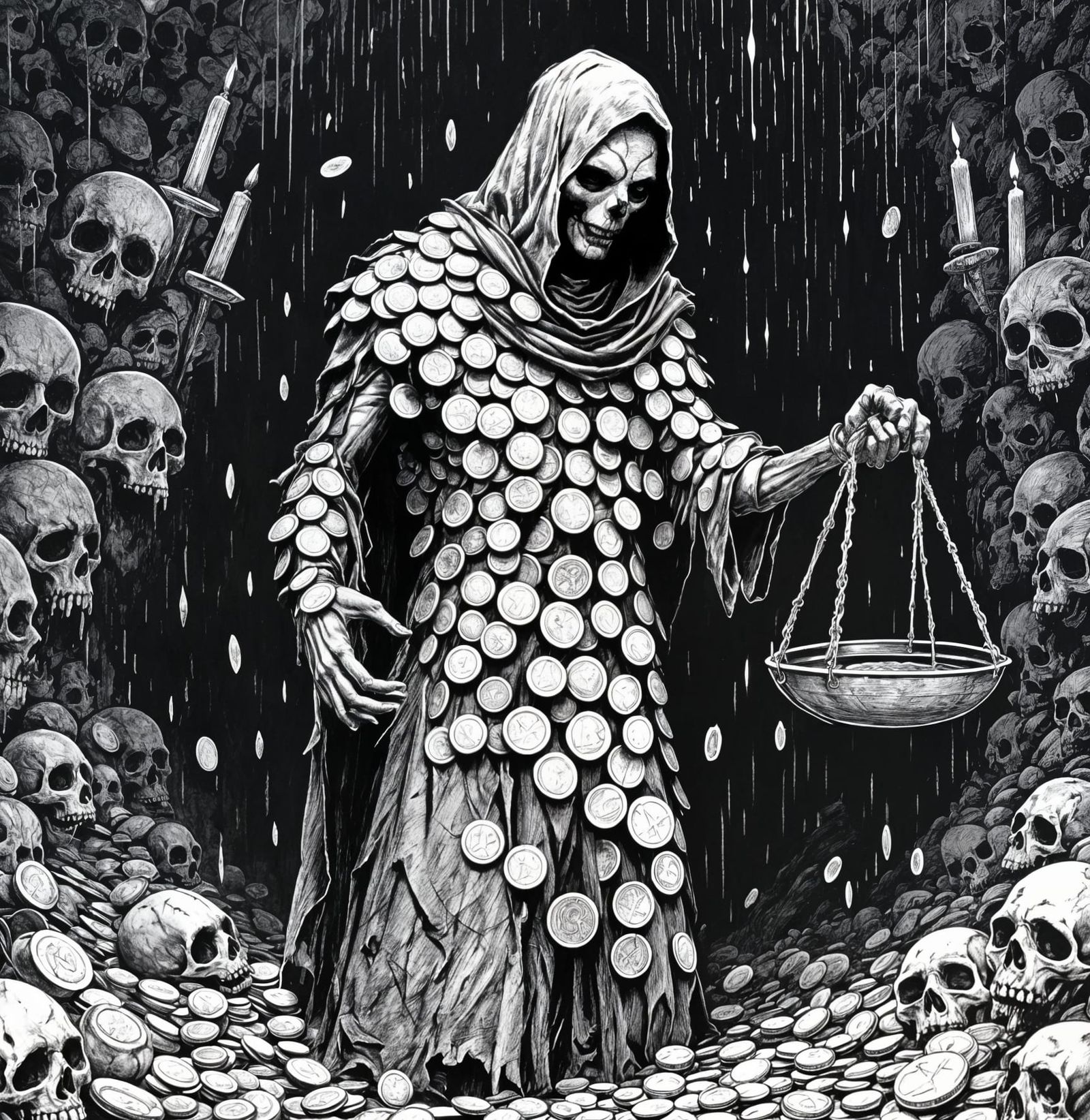 Gaunt Undertaker in Black & White Woodcut Style
