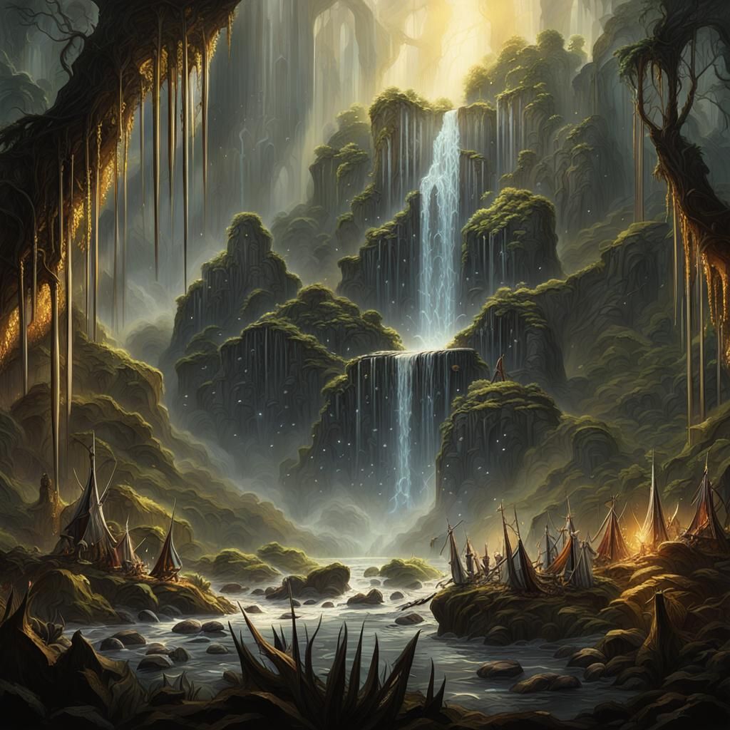 Surreal Fantasy Landscape of Cascading Metal and Jungle