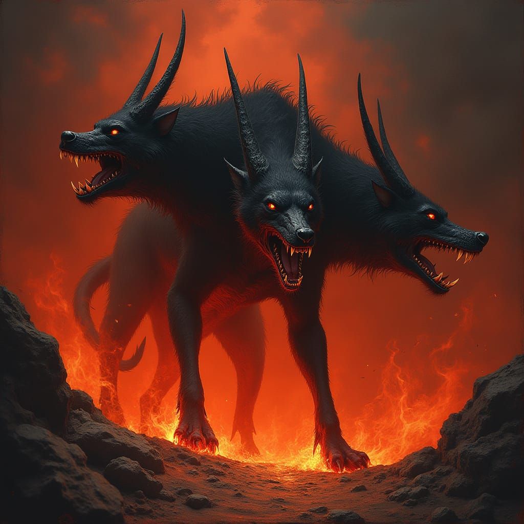 Three-Headed Cerberus Guards Fiery Pit of Hell