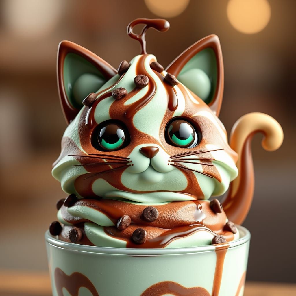 Mint Chocolate Chip Ice Cream Cat Sundae in 3D Anime Art